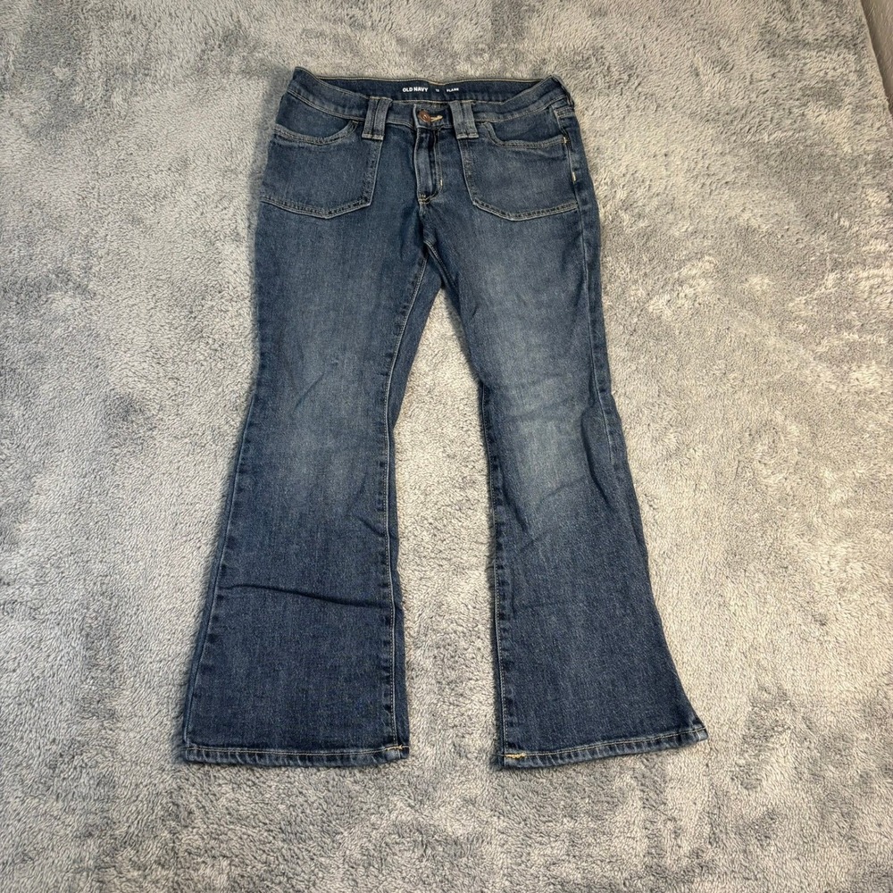Old Navy Girls Blue Flare Jeans Size 12 Patch Pockets Medium Wash Retro Denim